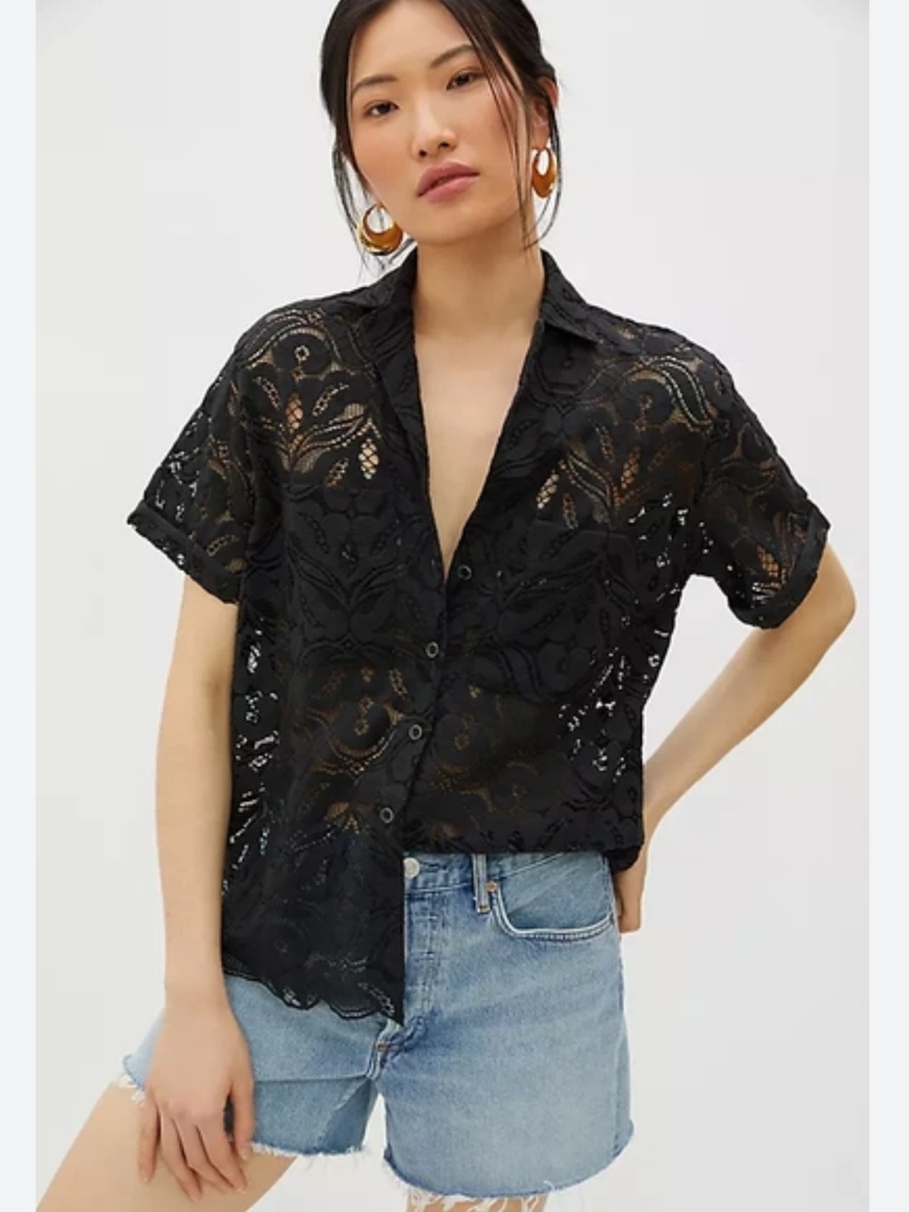 Anthropologie  Lace Surf Shirt Short-Sleeve Button-Down Shirt